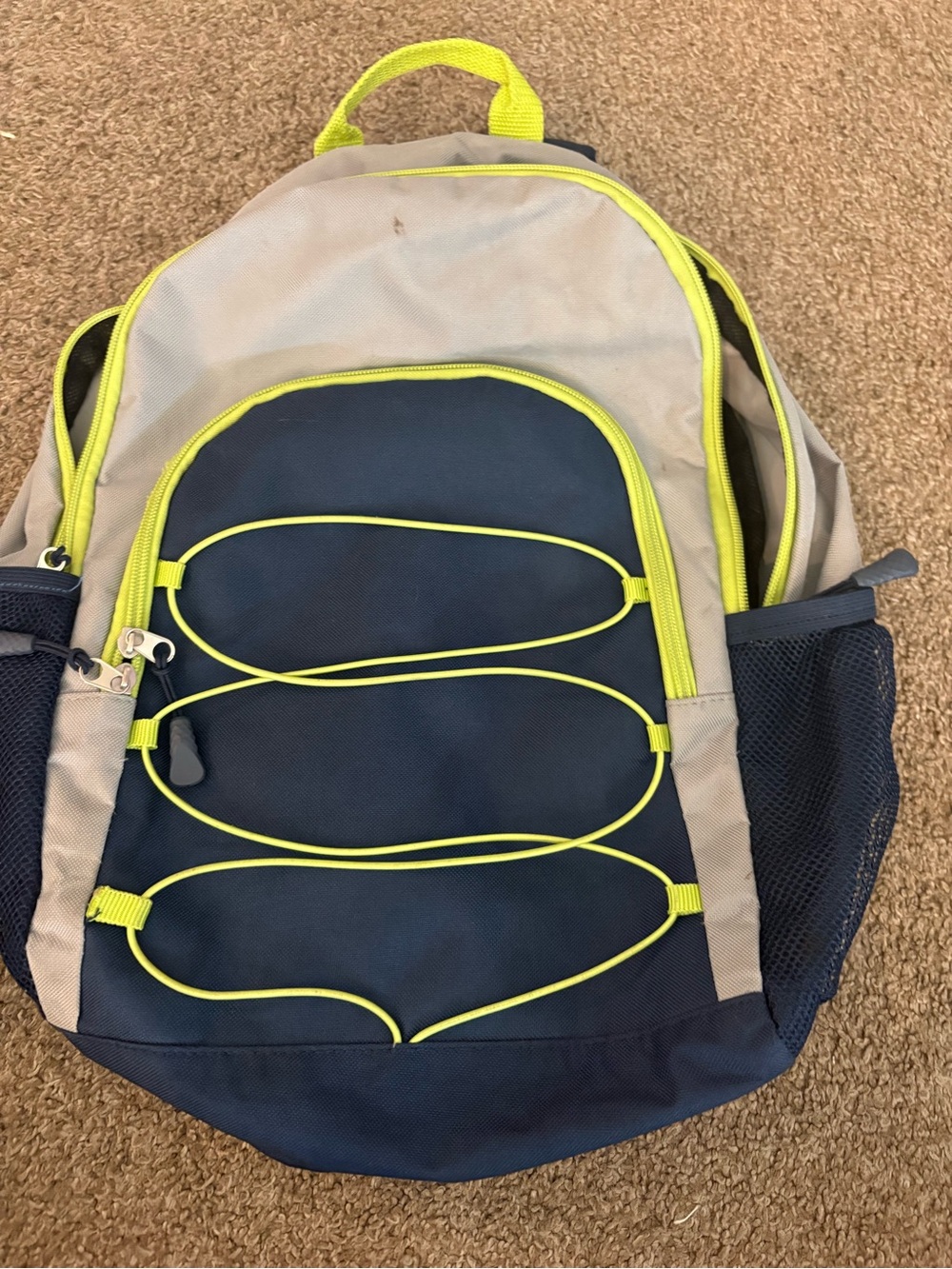 Navy and Beige Men's Backpack with Neon Yellow Accents